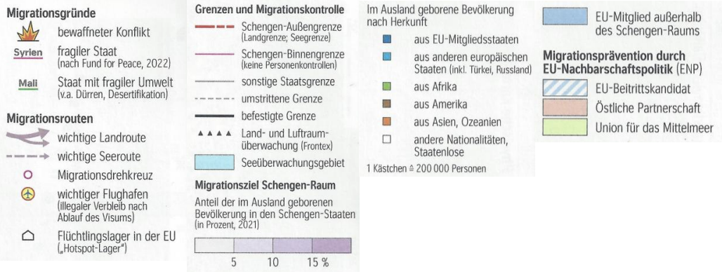 Legende einer Karte zu Migrationsgründen, Routen, Grenzkontrollen und Herkunft von Zugewanderten in Europa.